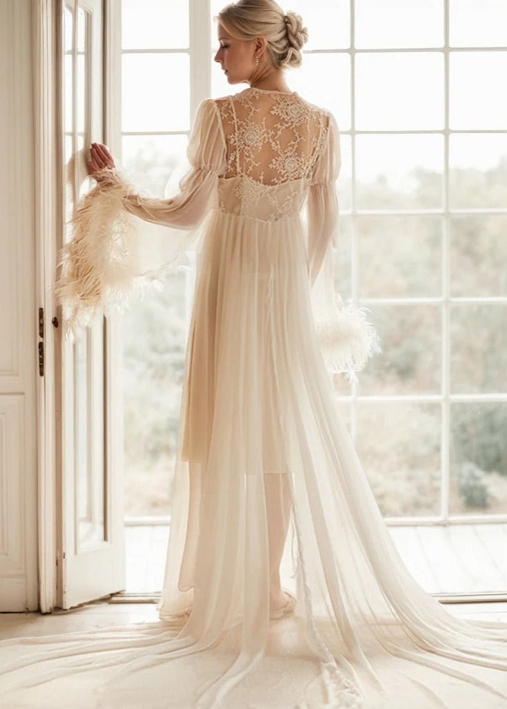 Ethereal Lace & Feather-Trimmed Sheer Bridal Robe – Vintage Luxury Loungewear - Luzilly Bridal & Apparel