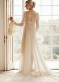 Ethereal Lace & Feather-Trimmed Sheer Bridal Robe – Vintage Luxury Loungewear - Luzilly Bridal & Apparel