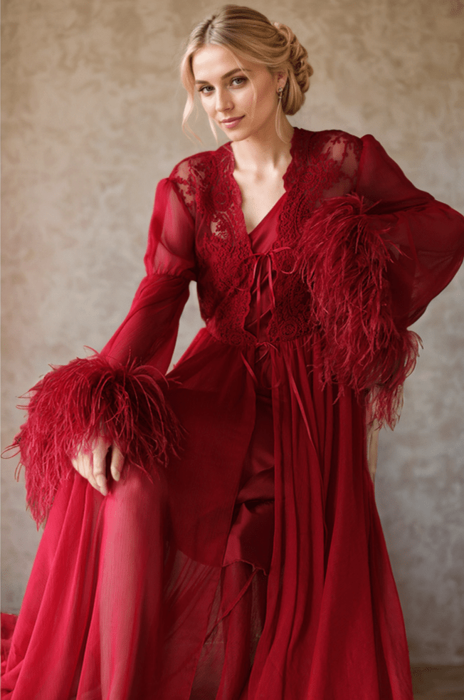 Ethereal Lace & Feather-Trimmed Sheer Bridal Robe – Vintage Luxury Loungewear - Luzilly Bridal & Apparel