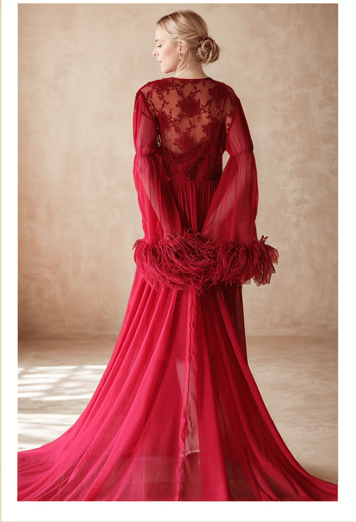 Ethereal Lace & Feather-Trimmed Sheer Bridal Robe – Vintage Luxury Loungewear - Luzilly Bridal & Apparel