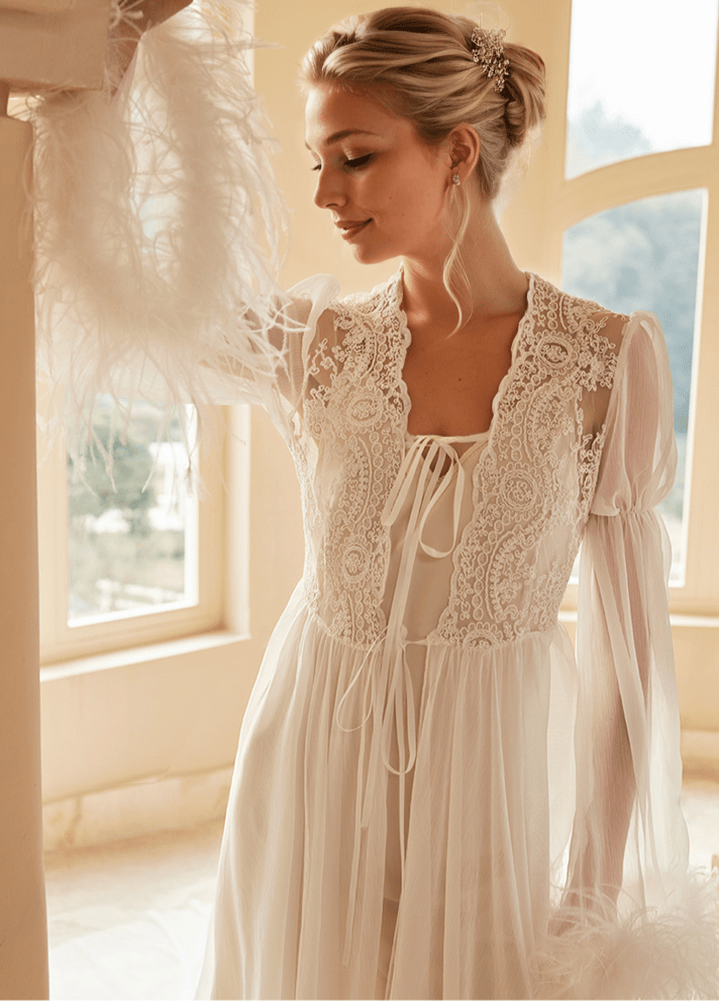 Ethereal Lace & Feather-Trimmed Sheer Bridal Robe – Vintage Luxury Loungewear - Luzilly Bridal & Apparel