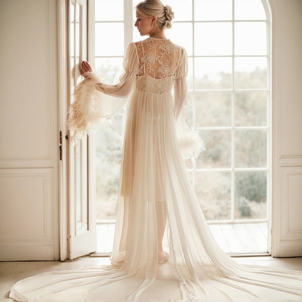 Ethereal Lace & Feather-Trimmed Sheer Bridal Robe – Vintage Luxury Loungewear - Luzilly Bridal & Apparel