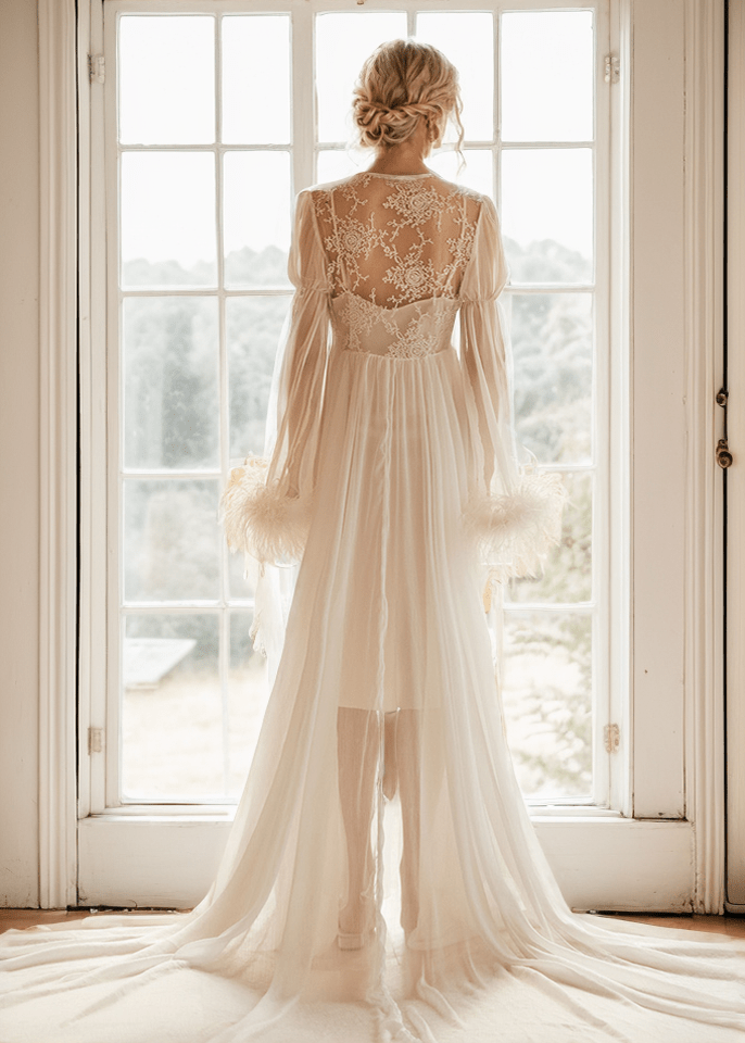Ethereal Lace & Feather-Trimmed Sheer Bridal Robe – Vintage Luxury Loungewear - Luzilly Bridal & Apparel
