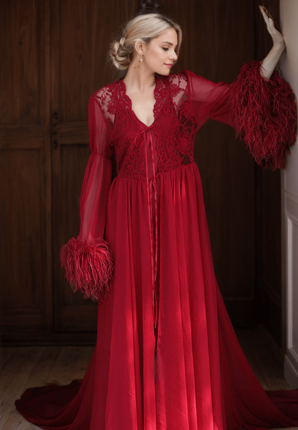Ethereal Lace & Feather-Trimmed Sheer Bridal Robe – Vintage Luxury Loungewear - Luzilly Bridal & Apparel