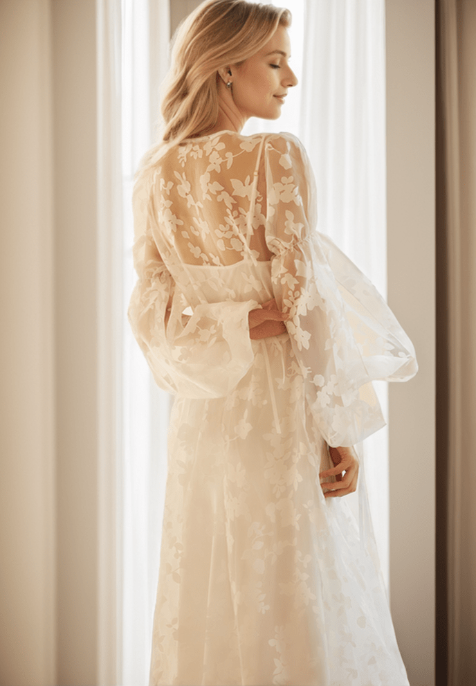 Ethereal Lace Long-Sleeve Sheer Bridal Robe Dress with Train - Luzilly Bridal & Apparel