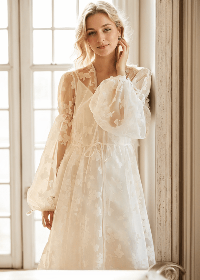 Ethereal Lace Long-Sleeve Sheer Bridal Robe Dress with Train - Luzilly Bridal & Apparel