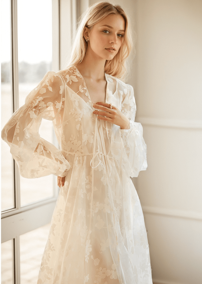 Ethereal Lace Long-Sleeve Sheer Bridal Robe Dress with Train - Luzilly Bridal & Apparel