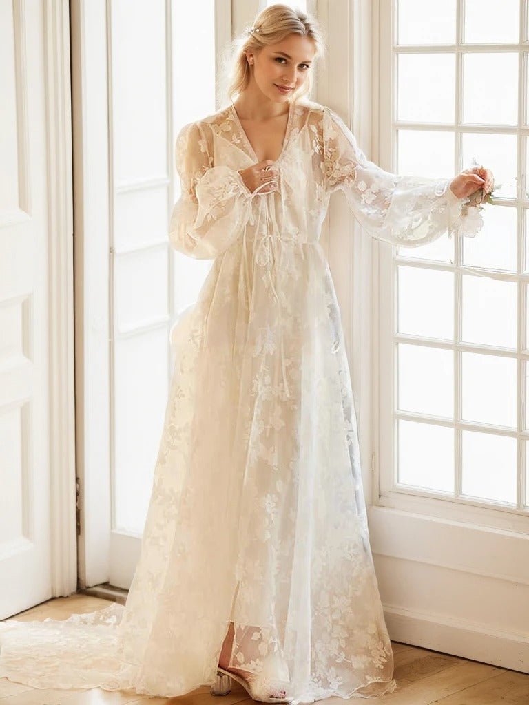 Ethereal Lace Long-Sleeve Sheer Bridal Robe Dress with Train - Luzilly Bridal & Apparel