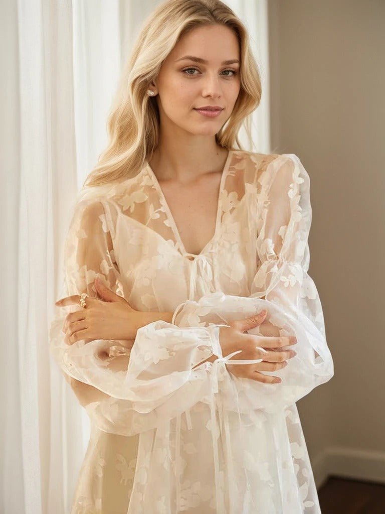 Ethereal Lace Long-Sleeve Sheer Bridal Robe Dress with Train - Luzilly Bridal & Apparel