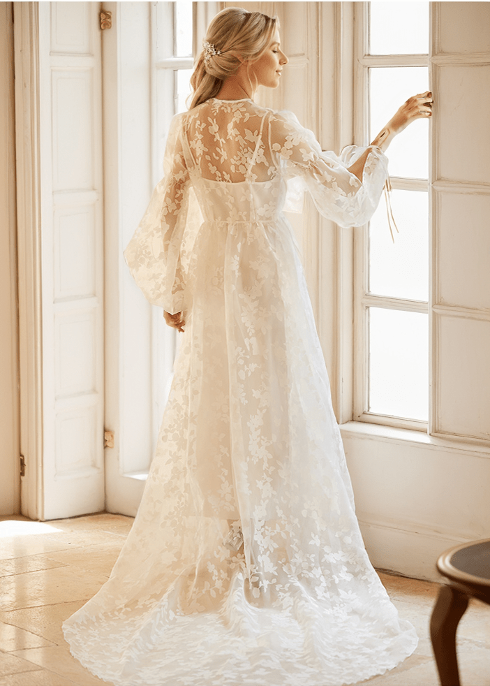 Ethereal Lace Long-Sleeve Sheer Bridal Robe Dress with Train - Luzilly Bridal & Apparel