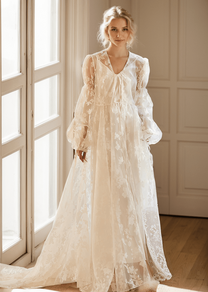 Ethereal Lace Long-Sleeve Sheer Bridal Robe Dress with Train - Luzilly Bridal & Apparel