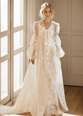 Ethereal Lace Long-Sleeve Sheer Bridal Robe Dress with Train - Luzilly Bridal & Apparel