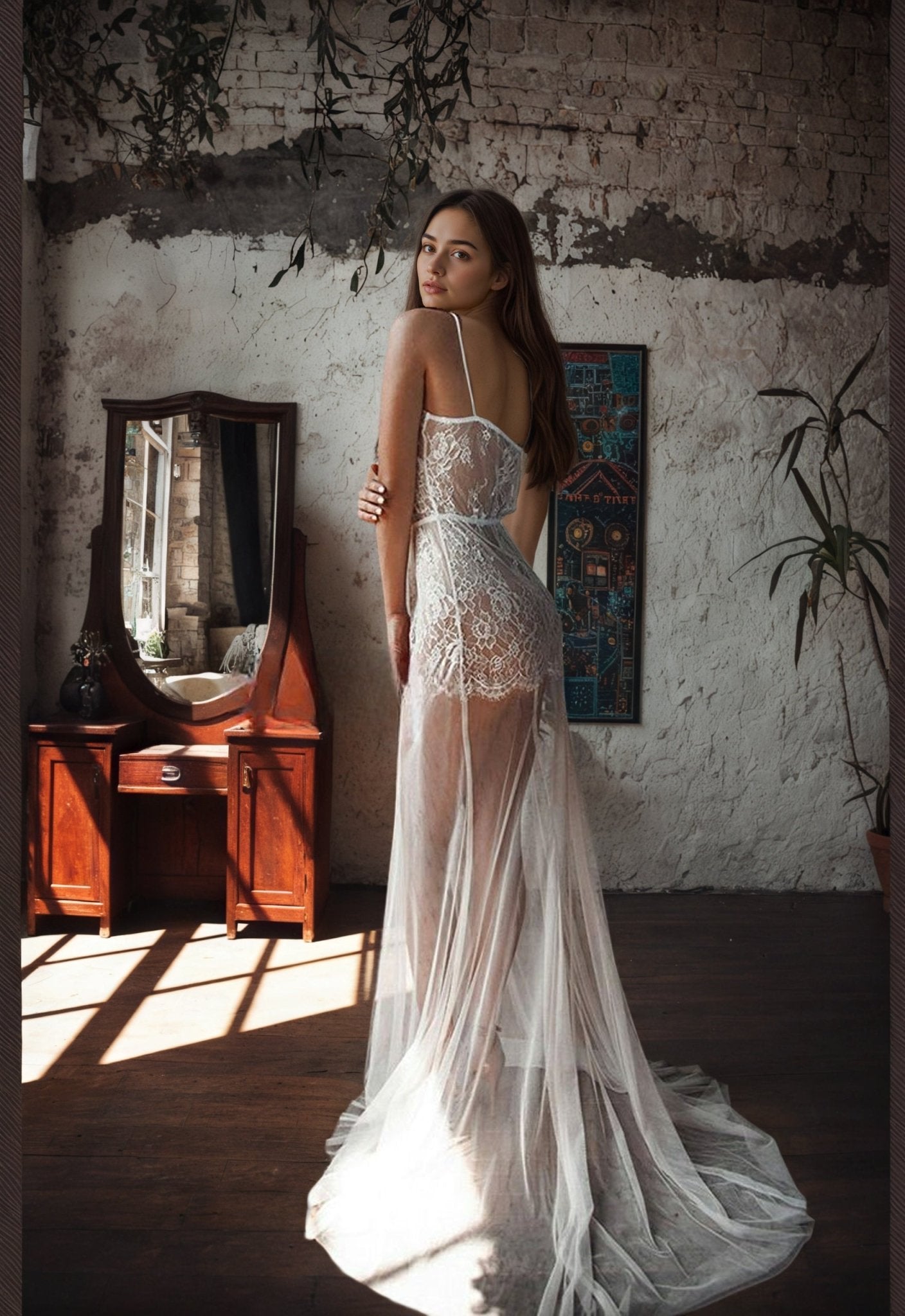 Ethereal Lace Sheer Long Robe with Flowing Train – Elegant Bridal Boudoir Gown - Luzilly Bridal & Apparel