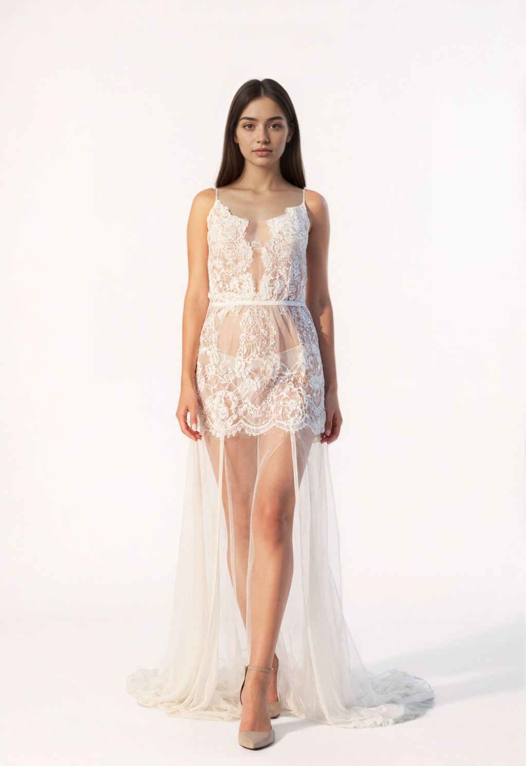 Ethereal Lace Sheer Long Robe with Flowing Train – Elegant Bridal Boudoir Gown - Luzilly Bridal & Apparel