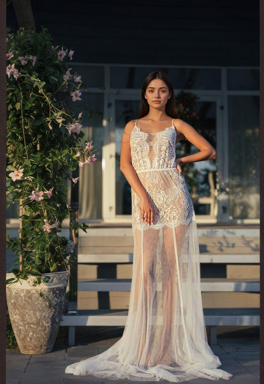 Ethereal Lace Sheer Long Robe with Flowing Train – Elegant Bridal Boudoir Gown - Luzilly Bridal & Apparel