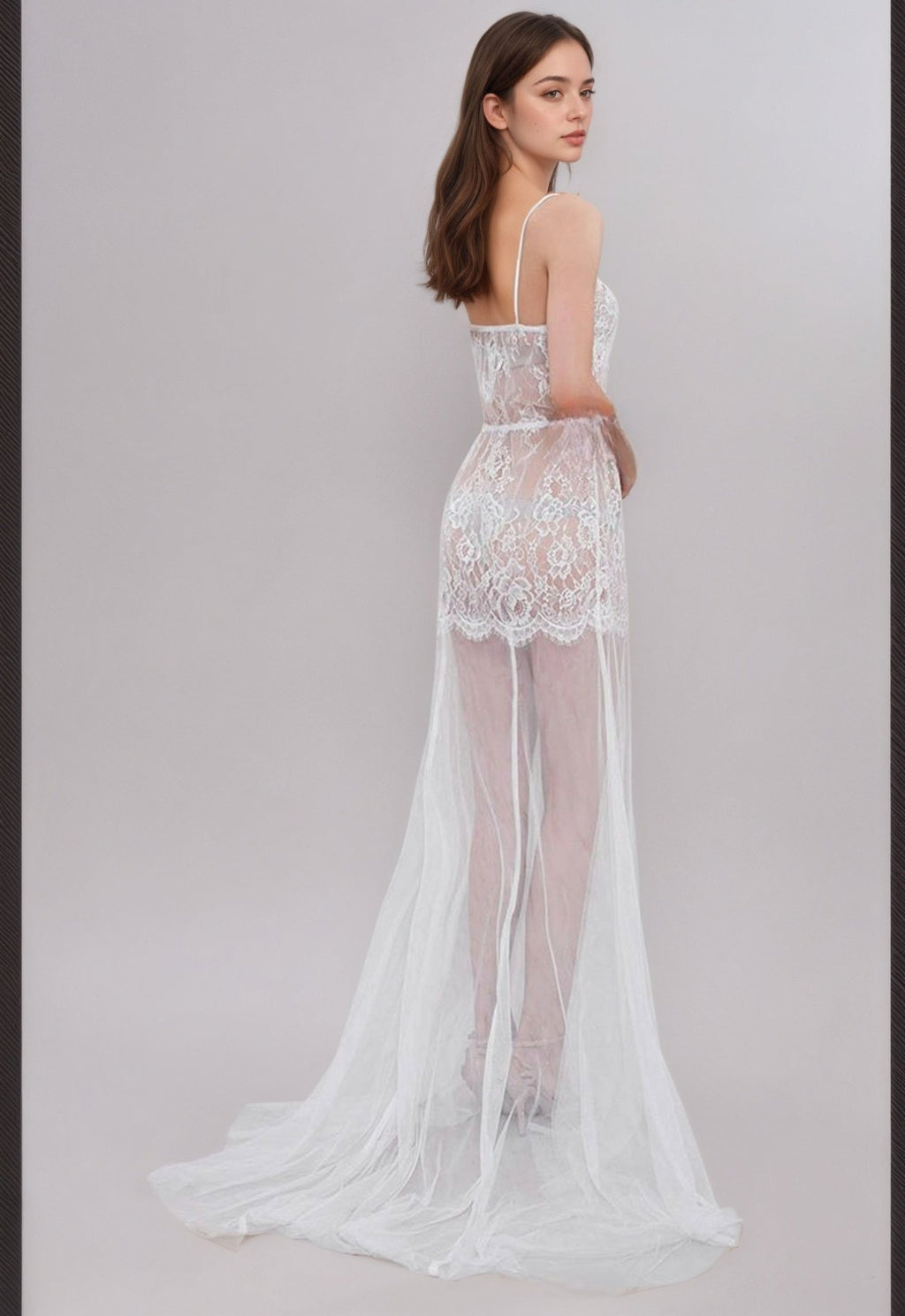 Ethereal Lace Sheer Long Robe with Flowing Train – Elegant Bridal Boudoir Gown - Luzilly Bridal & Apparel