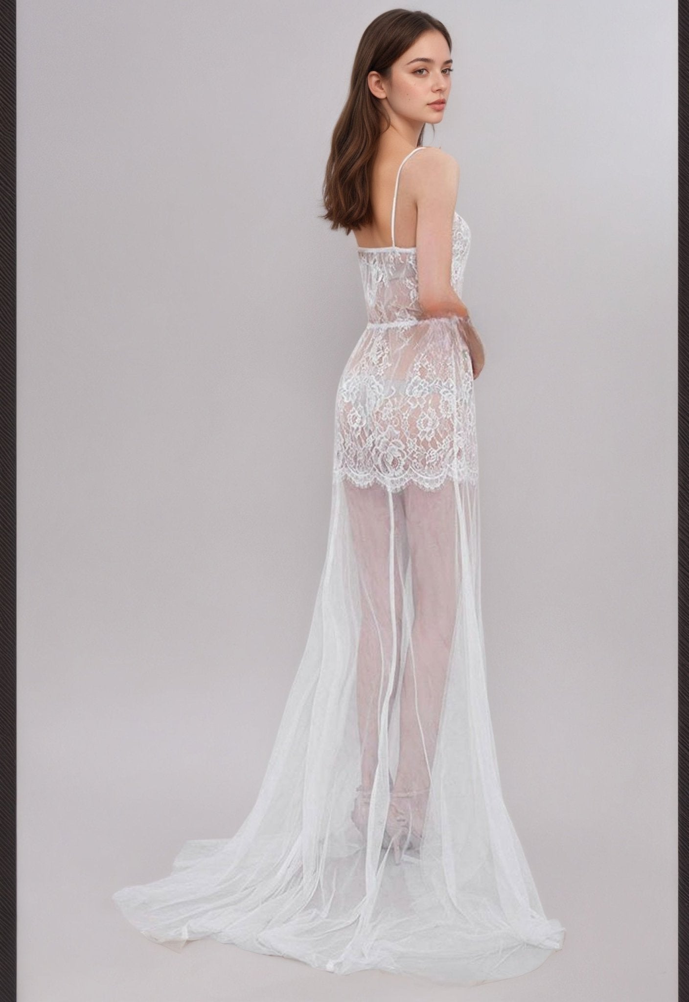 Ethereal Lace Sheer Long Robe with Flowing Train – Elegant Bridal Boudoir Gown - Luzilly Bridal & Apparel
