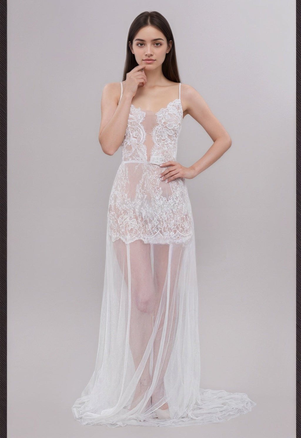 Ethereal Lace Sheer Long Robe with Flowing Train – Elegant Bridal Boudoir Gown - Luzilly Bridal & Apparel