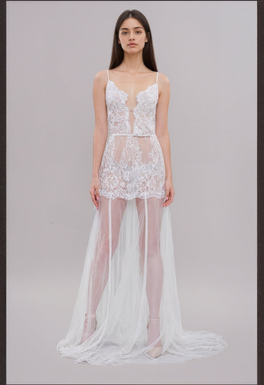 Ethereal Lace Sheer Long Robe with Flowing Train – Elegant Bridal Boudoir Gown - Luzilly Bridal & Apparel