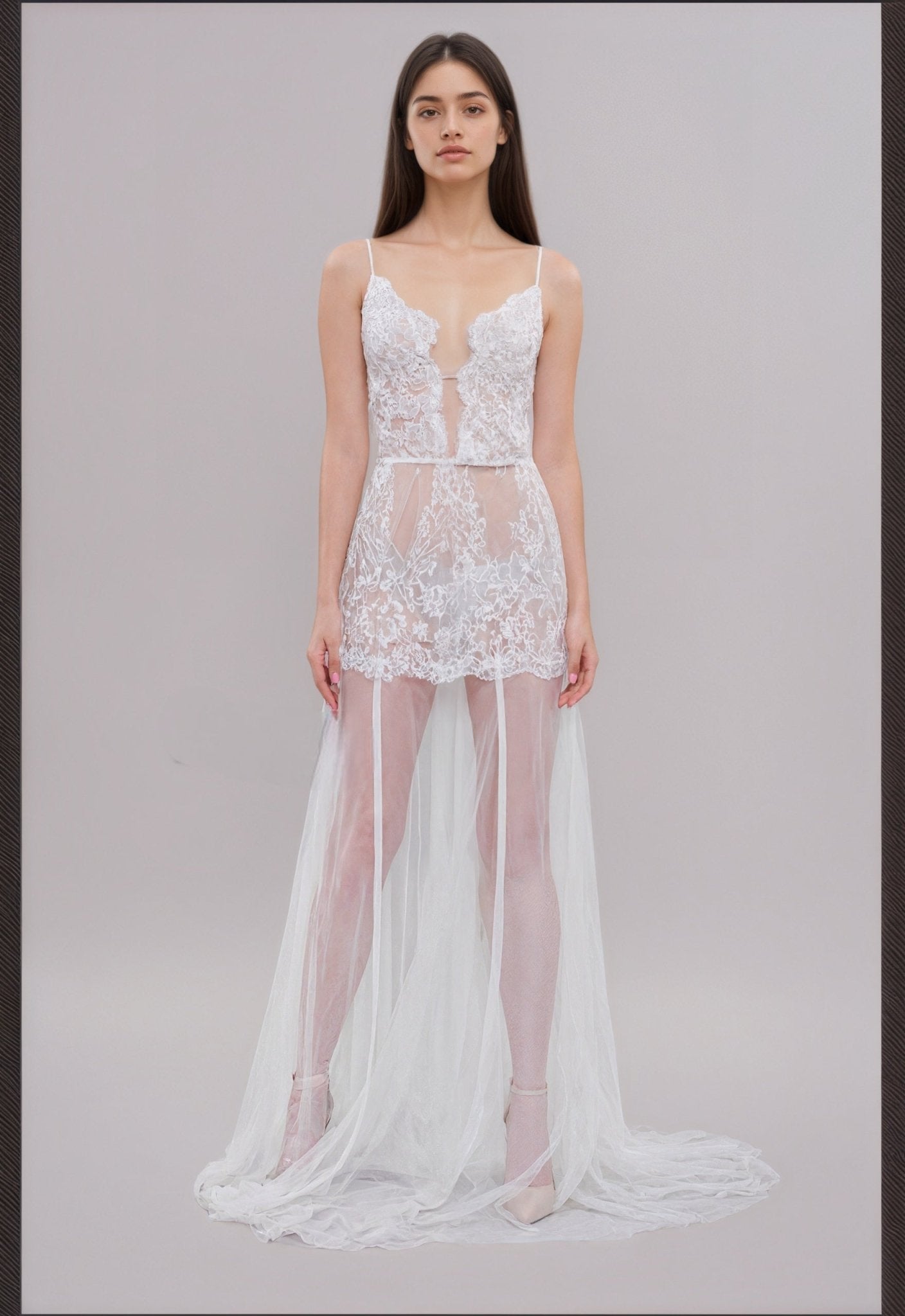 Ethereal Lace Sheer Long Robe with Flowing Train – Elegant Bridal Boudoir Gown - Luzilly Bridal & Apparel