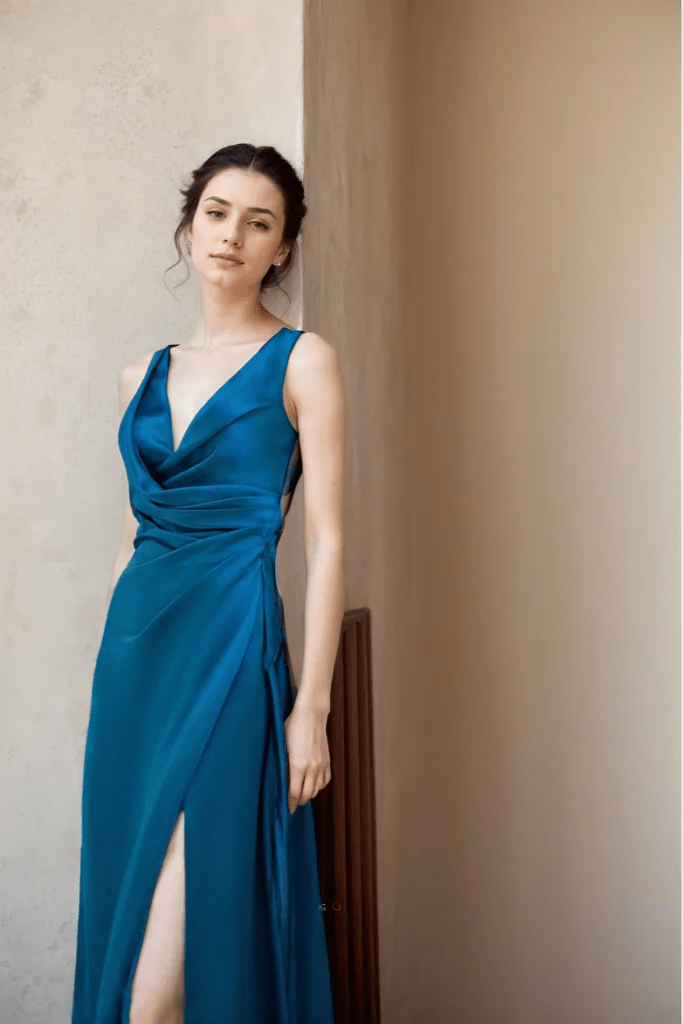 Ethereal Sapphire Blue Satin Backless Evening Gown with Thigh-High Slit - Luzilly Bridal & Apparel