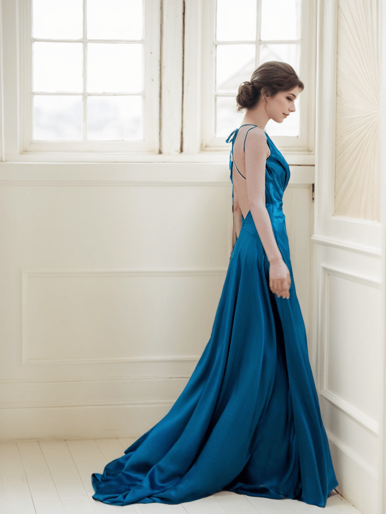Ethereal Sapphire Blue Satin Backless Evening Gown with Thigh-High Slit - Luzilly Bridal & Apparel