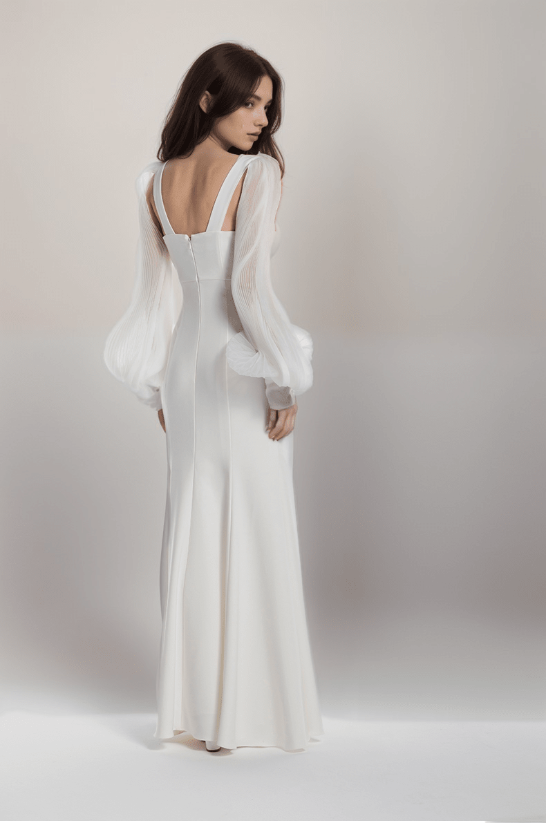 Ethereal Sculpted Bust Mermaid Gown with Sheer Balloon Sleeves - Luzilly Bridal & Apparel