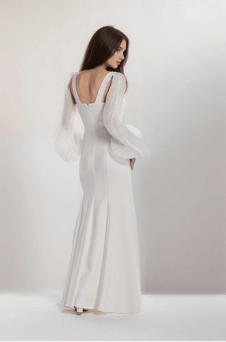 Ethereal Sculpted Bust Mermaid Gown with Sheer Balloon Sleeves - Luzilly Bridal & Apparel