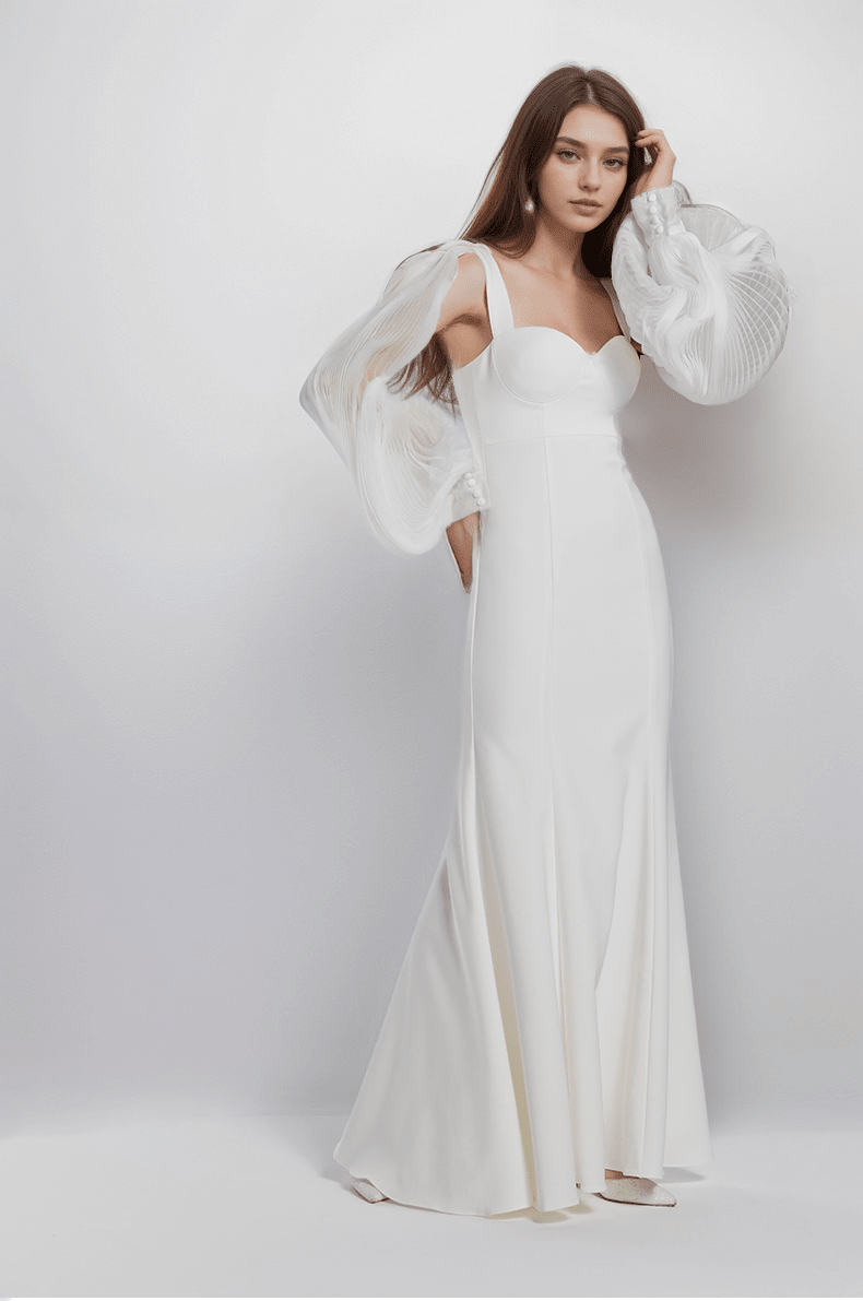 Ethereal Sculpted Bust Mermaid Gown with Sheer Balloon Sleeves - Luzilly Bridal & Apparel