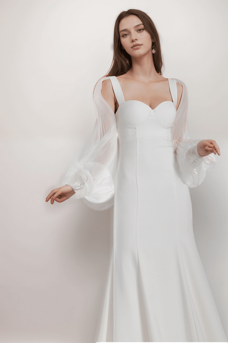 Ethereal Sculpted Bust Mermaid Gown with Sheer Balloon Sleeves - Luzilly Bridal & Apparel