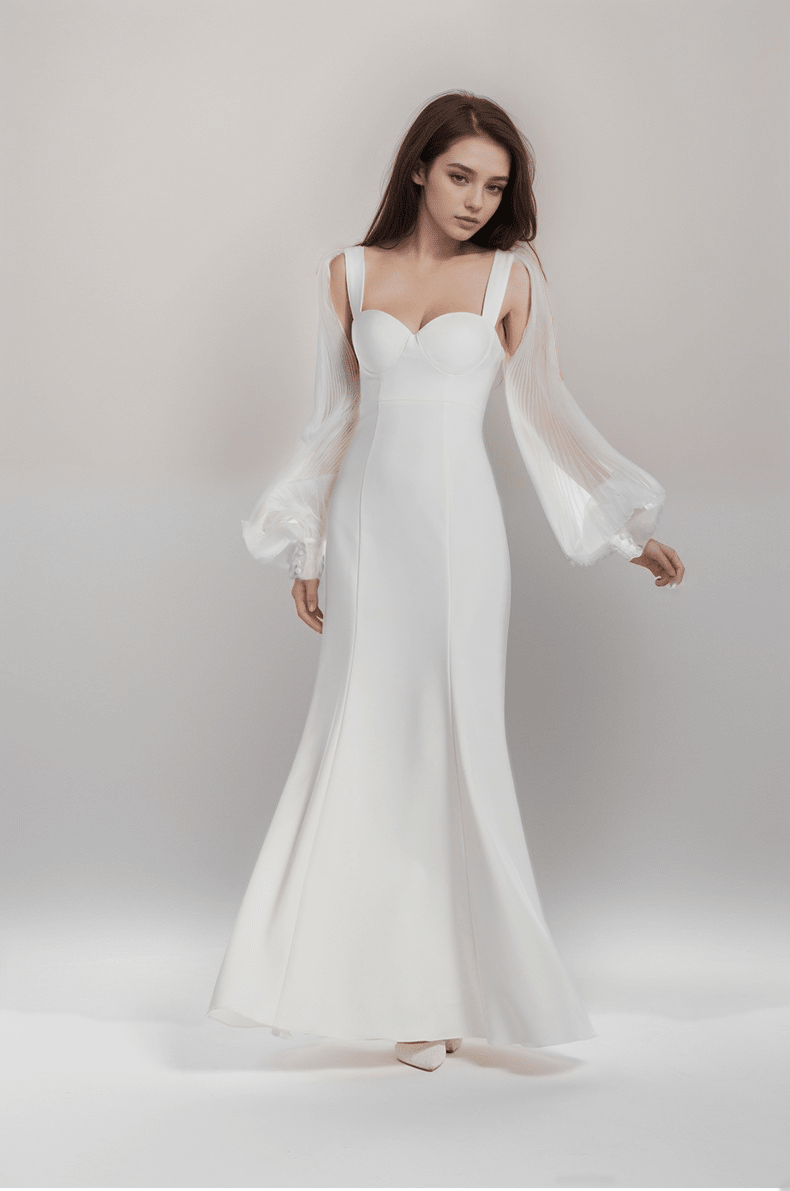 Ethereal Sculpted Bust Mermaid Gown with Sheer Balloon Sleeves - Luzilly Bridal & Apparel