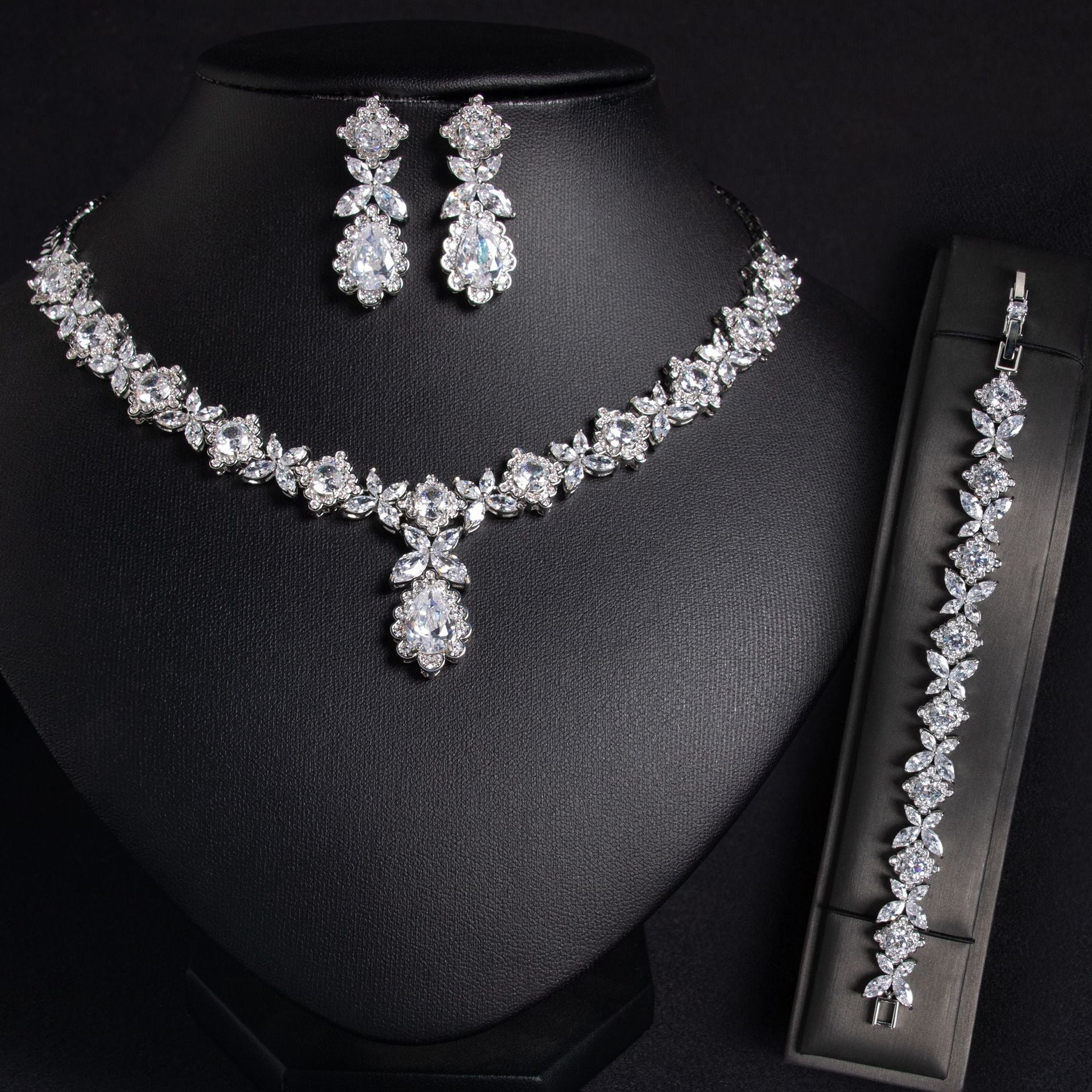 European And American Zircon Necklace Earring Bracelet Wedding Dress Bridal Three-piece Set - Luzilly Bridal & Apparel