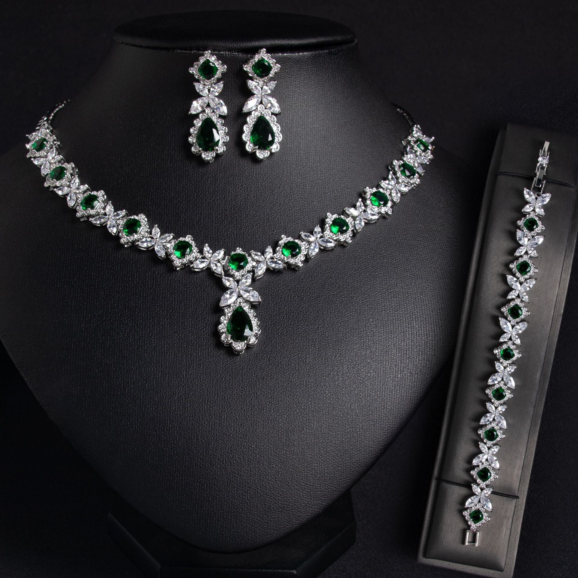 European And American Zircon Necklace Earring Bracelet Wedding Dress Bridal Three-piece Set - Luzilly Bridal & Apparel