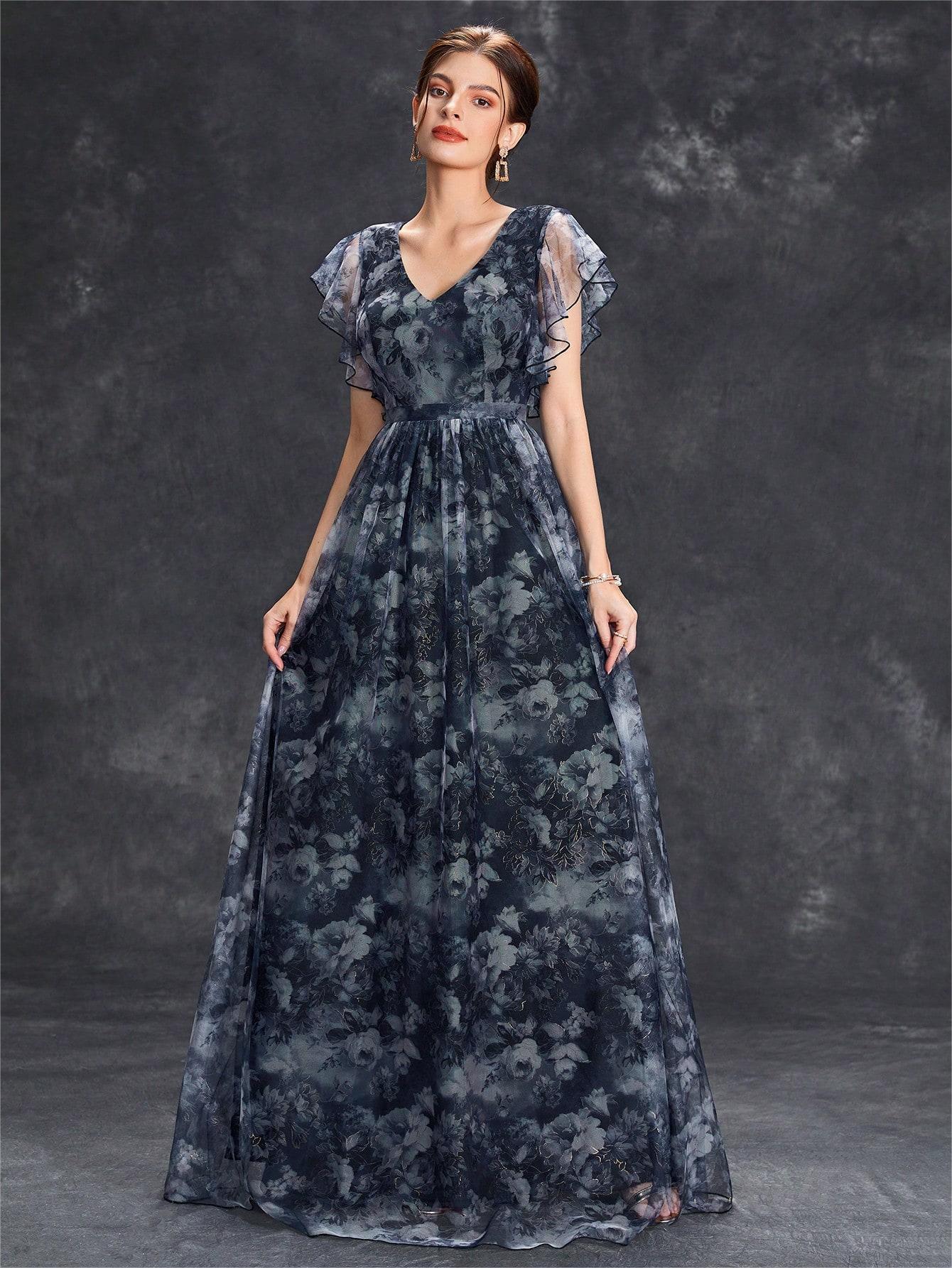 Evening Dress V neck Printed Mesh Ruffled Large Swing Party Dress Bridesmaid Dress Dance Dress Spring A Line - Luzilly Bridal & Apparel
