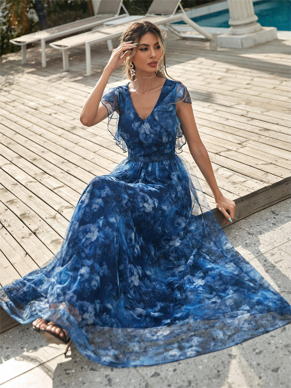 Evening Dress V neck Printed Mesh Ruffled Large Swing Party Dress Bridesmaid Dress Dance Dress Spring A Line - Luzilly Bridal & Apparel