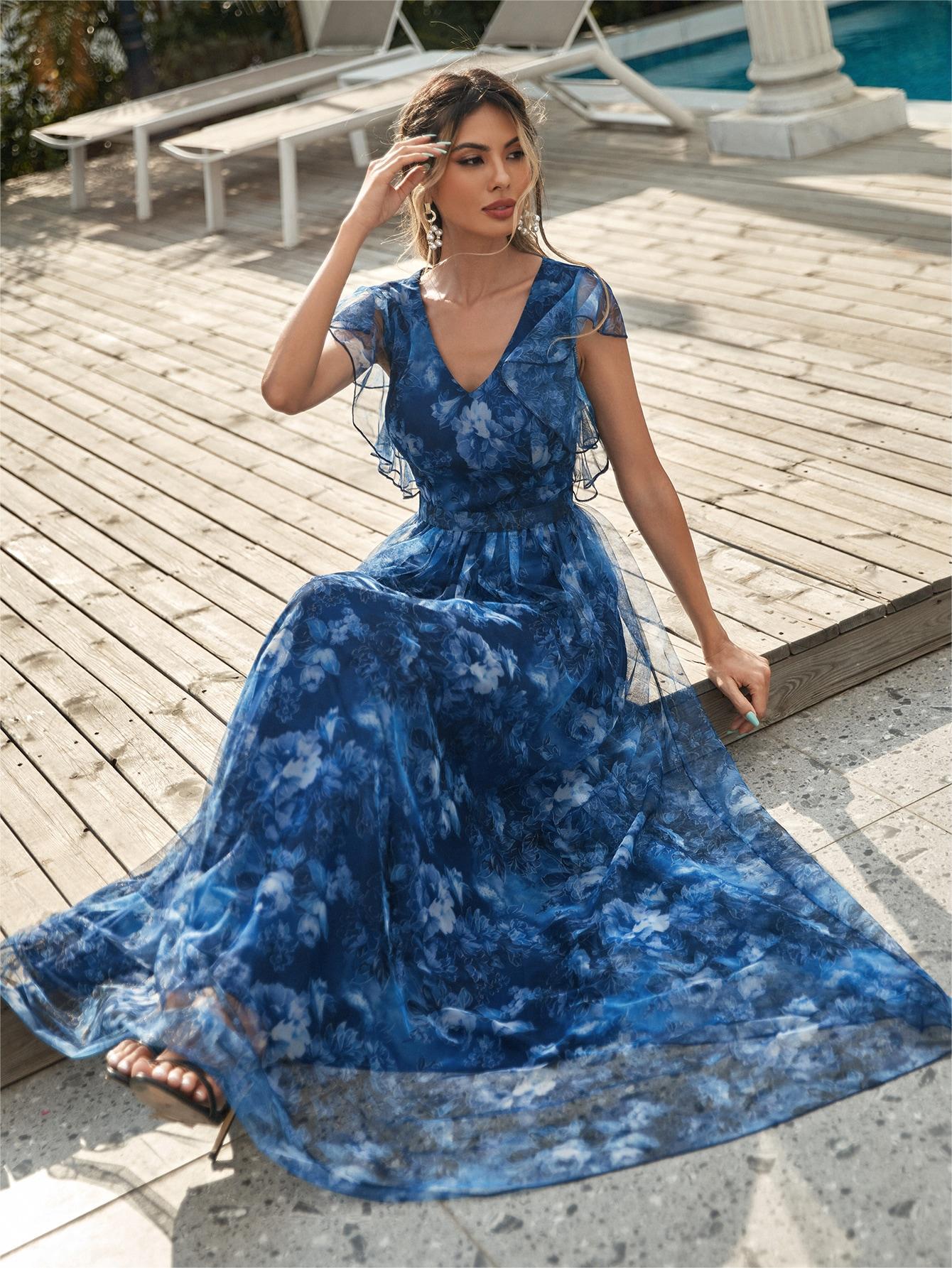 Evening Dress V neck Printed Mesh Ruffled Large Swing Party Dress Bridesmaid Dress Dance Dress Spring A Line - Luzilly Bridal & Apparel