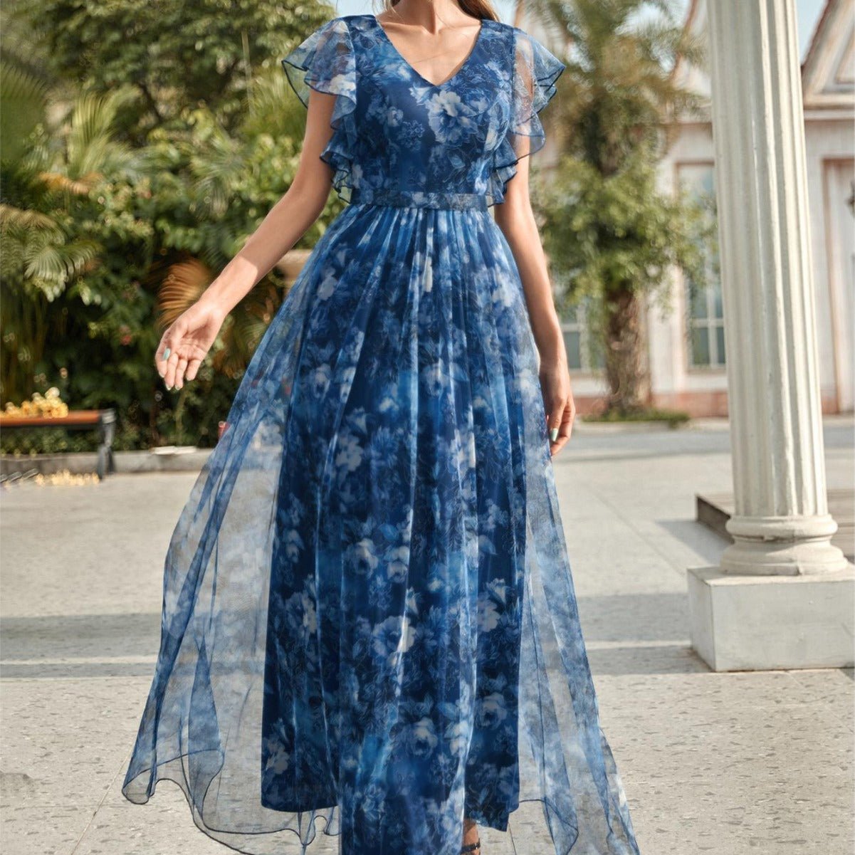 Evening Dress V neck Printed Mesh Ruffled Large Swing Party Dress Bridesmaid Dress Dance Dress Spring A Line - Luzilly Bridal & Apparel