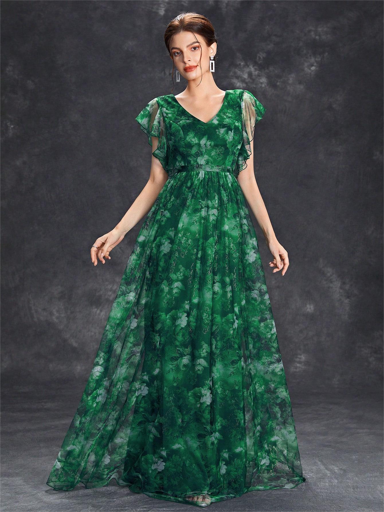Evening Dress V neck Printed Mesh Ruffled Large Swing Party Dress Bridesmaid Dress Dance Dress Spring A Line - Luzilly Bridal & Apparel