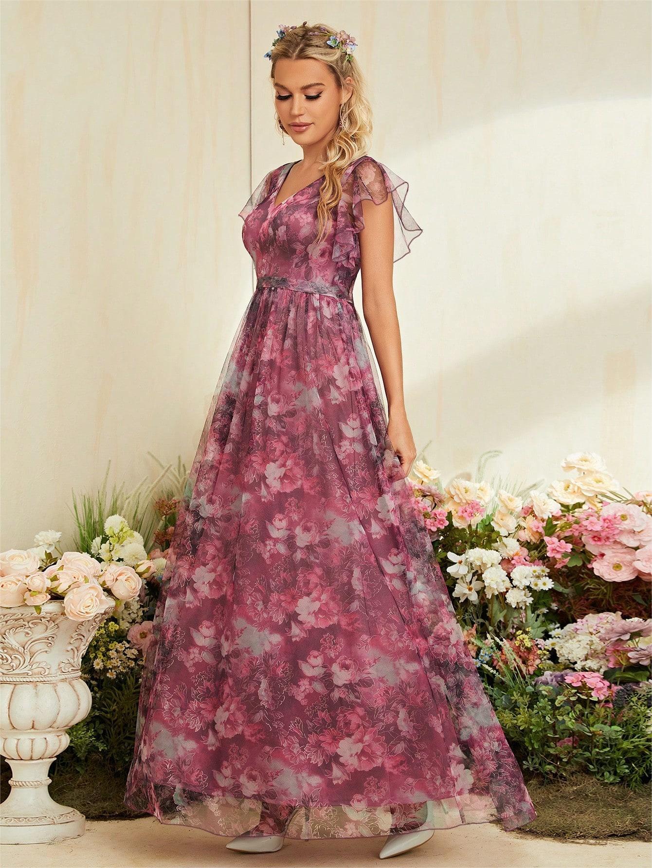 Evening Dress V neck Printed Mesh Ruffled Large Swing Party Dress Bridesmaid Dress Dance Dress Spring A Line - Luzilly Bridal & Apparel