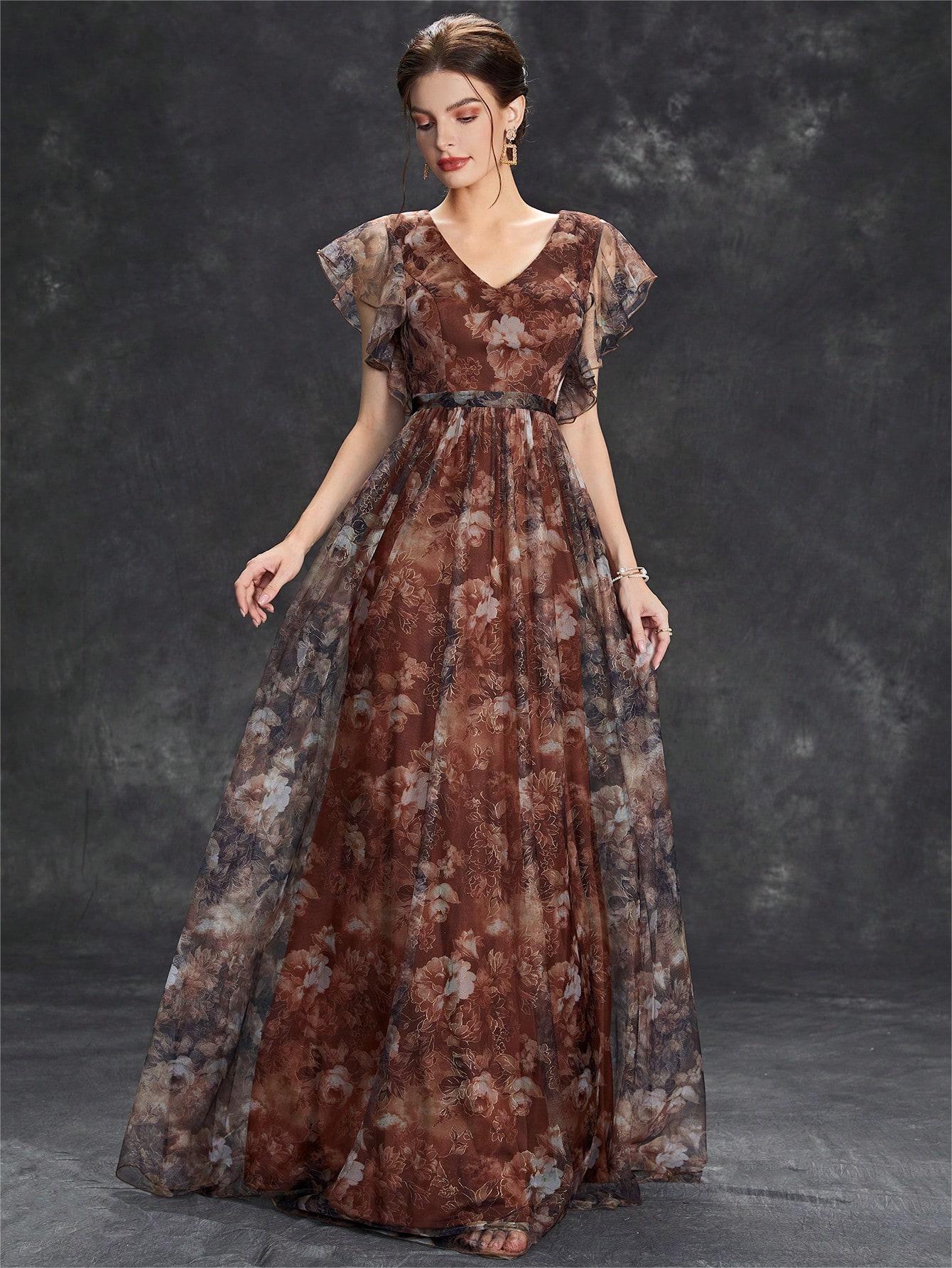 Evening Dress V neck Printed Mesh Ruffled Large Swing Party Dress Bridesmaid Dress Dance Dress Spring A Line - Luzilly Bridal & Apparel