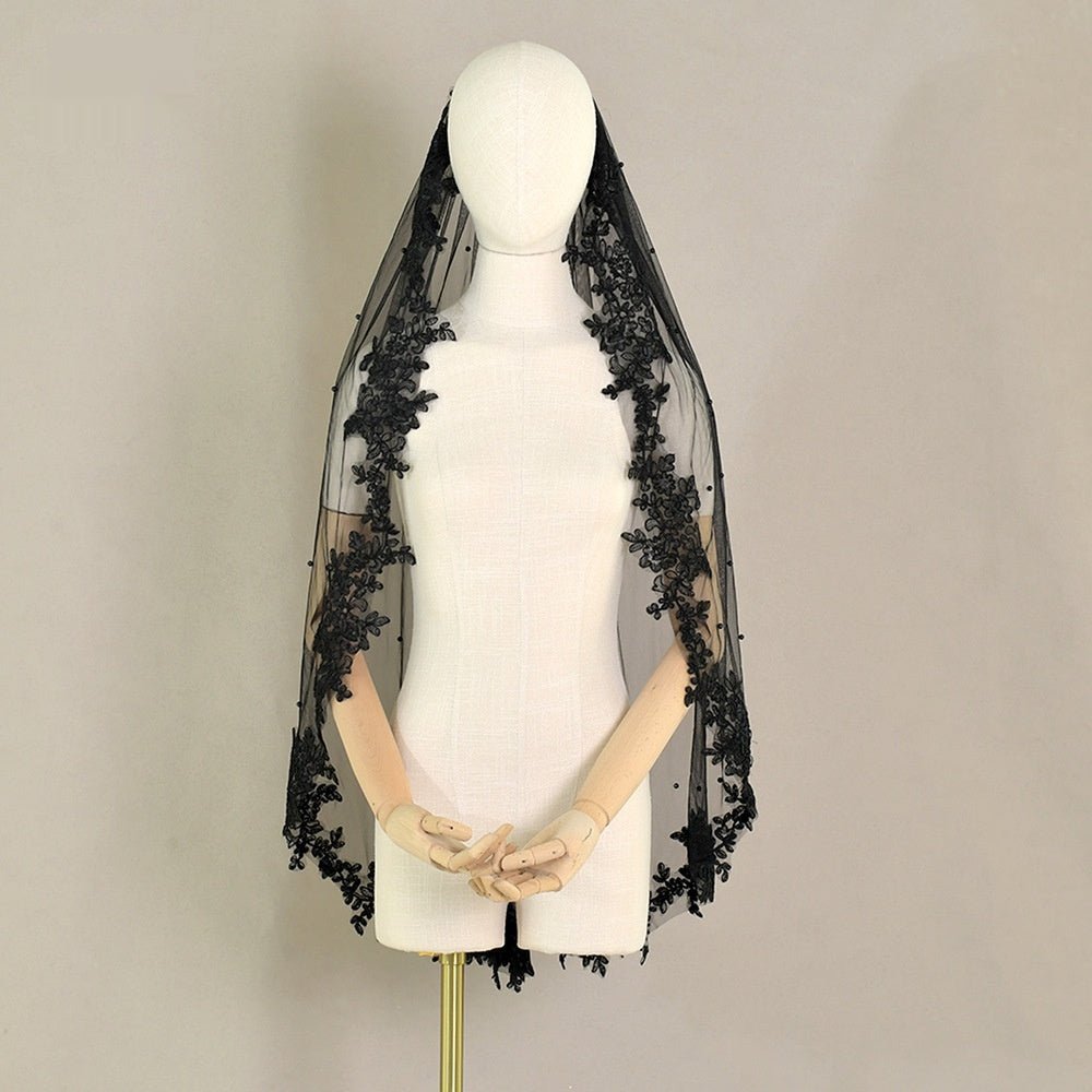 Exquisite Lace Black Veil Pearl Bridal Veil - Luzilly Bridal & Apparel