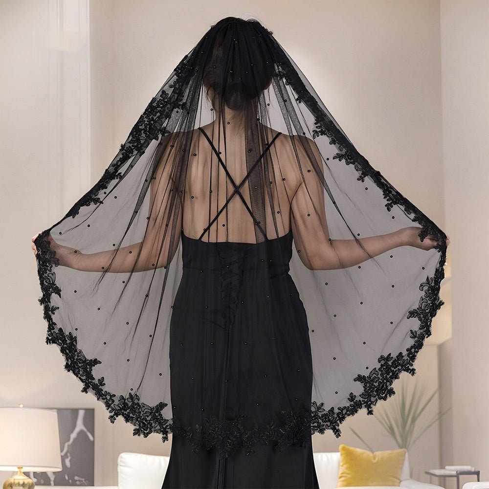 Exquisite Lace Black Veil Pearl Bridal Veil - Luzilly Bridal & Apparel