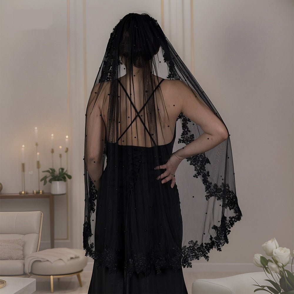 Exquisite Lace Black Veil Pearl Bridal Veil - Luzilly Bridal & Apparel