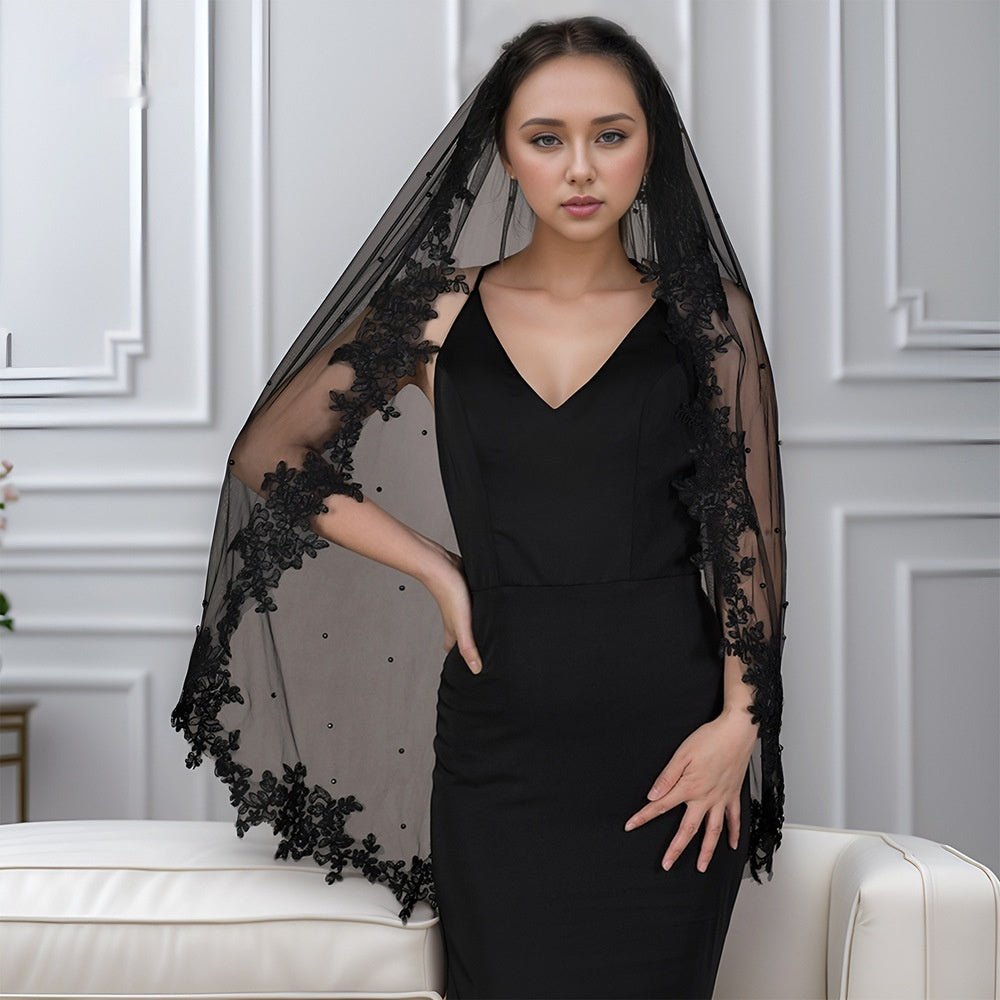 Exquisite Lace Black Veil Pearl Bridal Veil - Luzilly Bridal & Apparel