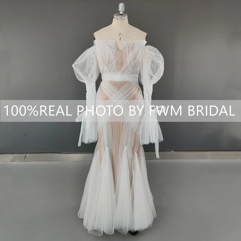Exquisite Lace Puff-Sleeve Mermaid Wedding Dress - Luzilly Bridal & Apparel