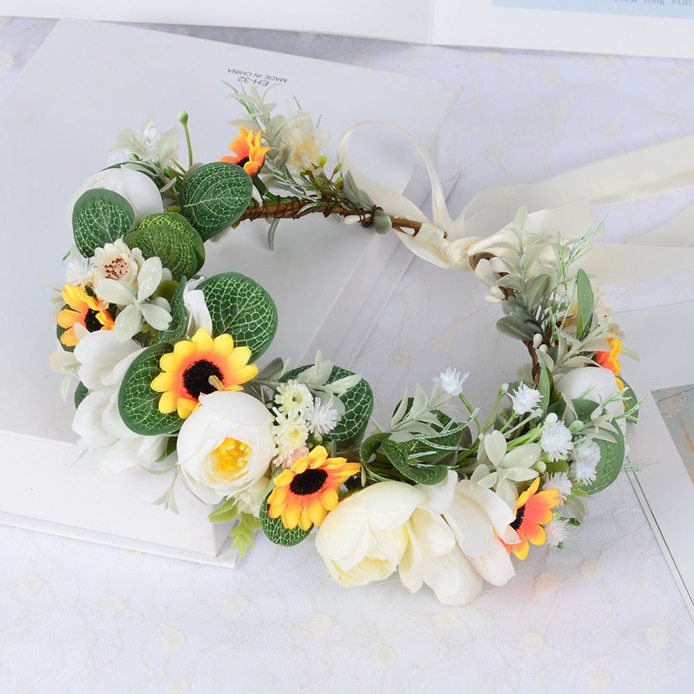 Fairy Wreath Simulation Sunflower Starry Sky Eucalyptus Headwear Bridal Wedding Photography Headset Wreath - Luzilly Bridal & Apparel