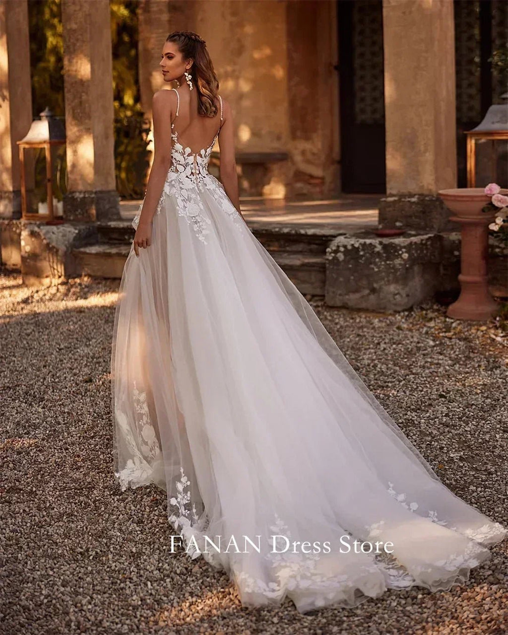 Fanan Spaghetti Straps Wedding Dress Tulle Appliques Customized Sexy Open Back Ruched Ivory Bridal Party Gown Vestidos De Novia - Luzilly Bridal & Apparel