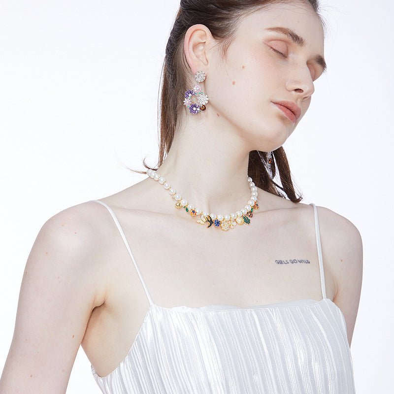 Fashionable retro style jewelry garden necklace women's jewelry flower pendant swallow beetle buckle pearl collarbone chain - Luzilly Bridal & Apparel
