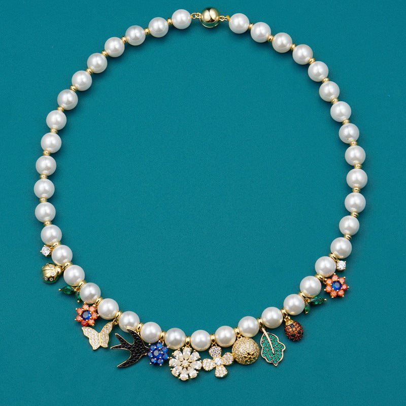Fashionable retro style jewelry garden necklace women's jewelry flower pendant swallow beetle buckle pearl collarbone chain - Luzilly Bridal & Apparel