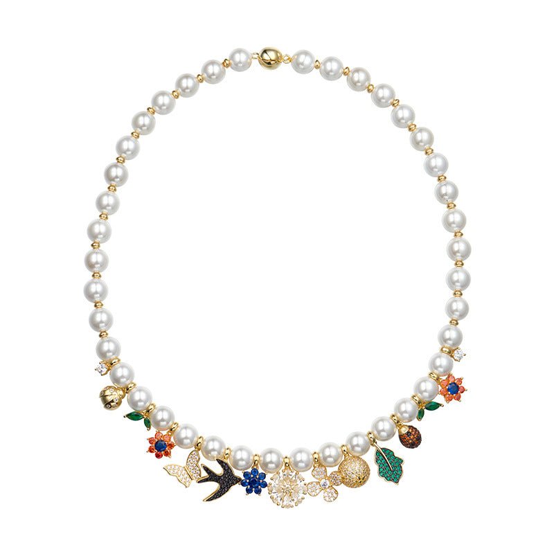 Fashionable retro style jewelry garden necklace women's jewelry flower pendant swallow beetle buckle pearl collarbone chain - Luzilly Bridal & Apparel